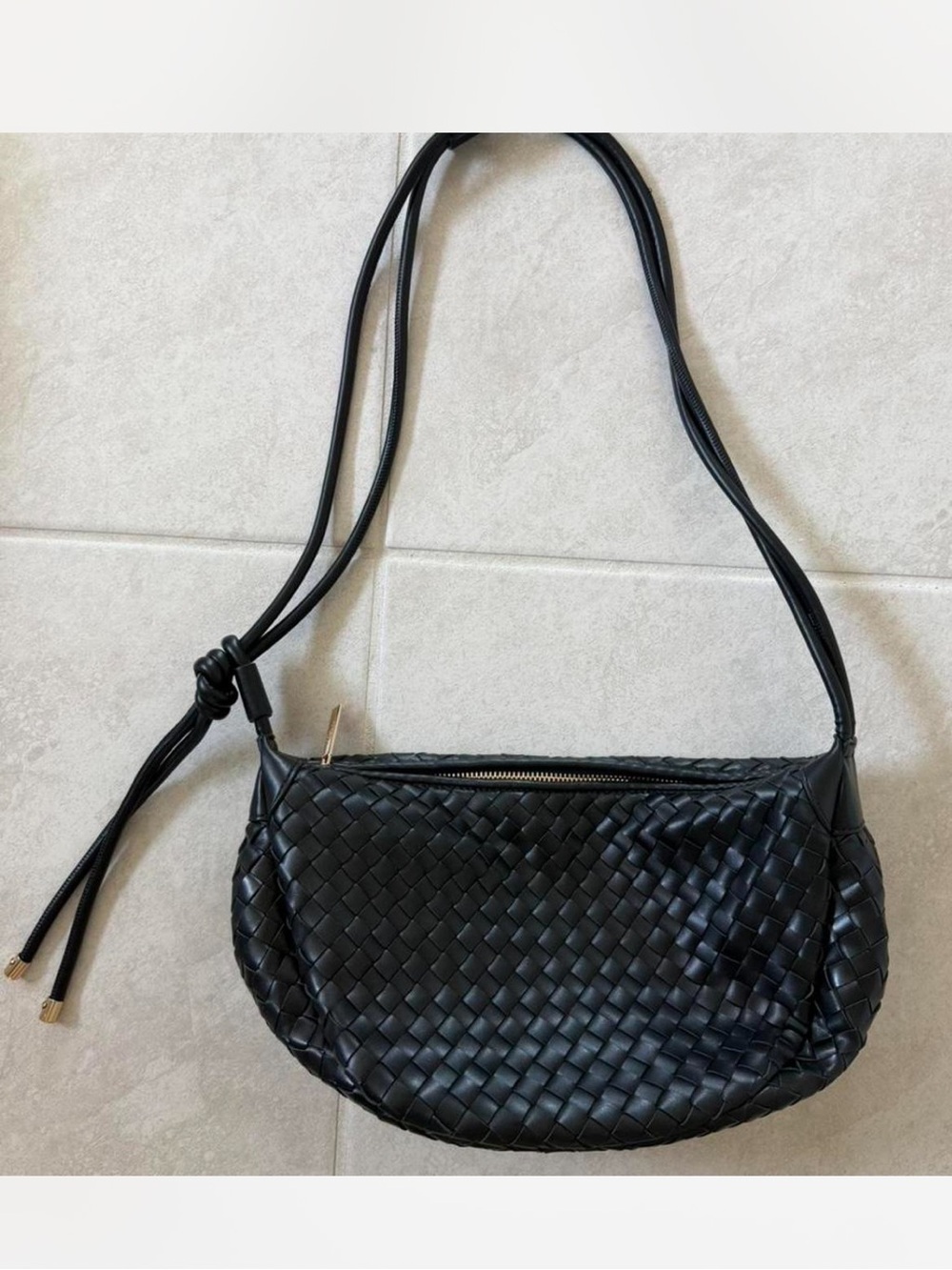 Woven Black Shoulder Bag with Adjustable Knot Strap